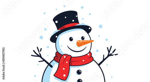 A cheerful snowman wearing a black top hat with white dots and a red scarf, standing in the snow.