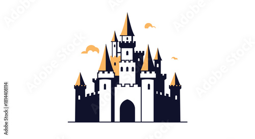 A stylized illustration of a dark blue and white castle with gold spires and clouds.