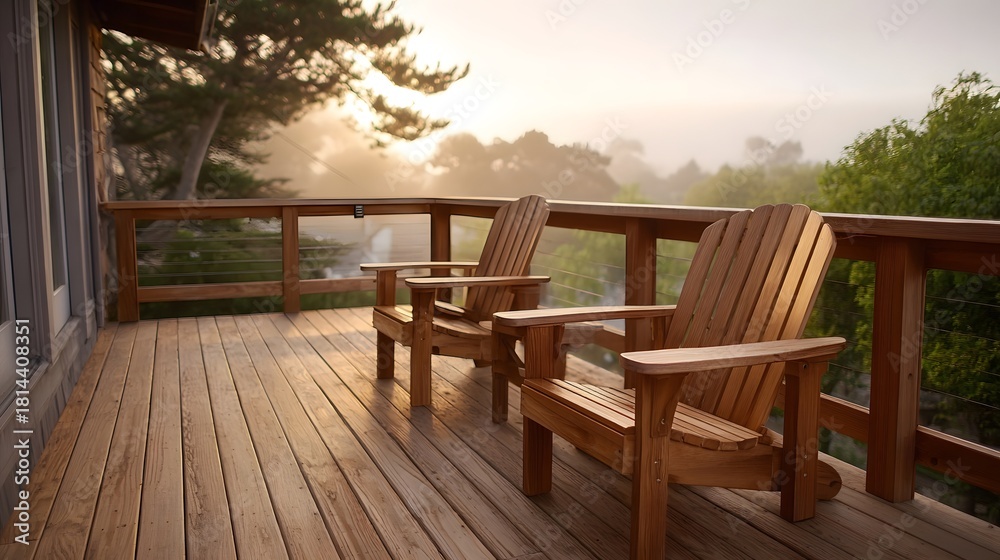 Fototapeta premium Two empty wooden chairs on a deck at golden hour with a foggy landscape