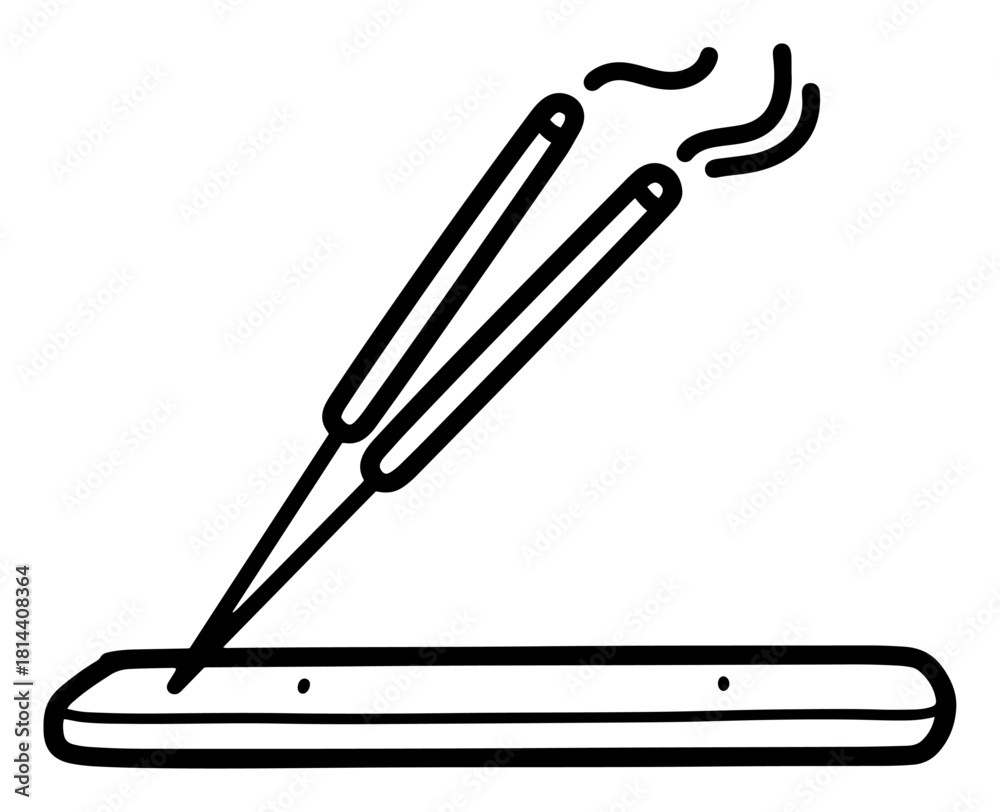 Obraz premium burning incense sticks on wooden holder simple line art vector