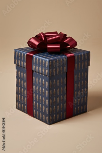 Gift Box Decorated With Red Ribbon and Nutcracker Pattern on a Neutral Backgr...