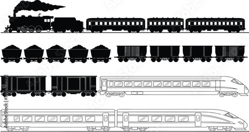 Train and Railway Transportation Silhouette Vector Icon Set, Featuring Steam Locomotives, High-Speed Bullet Trains, Passenger Coaches, and Freight Cars for Travel and Logistics.