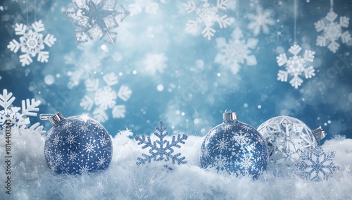 Winter Decorations With Blue Ornaments and Snowflakes in a Cozy Setting