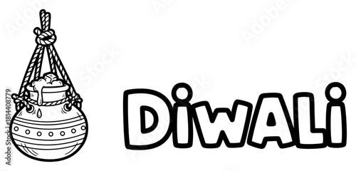 Hanging clay pot with butter and Diwali typography for Hindu festival coloring page design