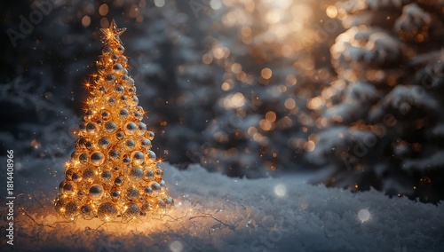 Shimmering Golden Christmas Tree With Sparkling Decorations Against a Snowy B...