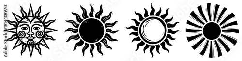 Set of hand drawn Sun and Surya god symbols vector illustration featuring celestial solar icons with faces and rays in retro engraving style