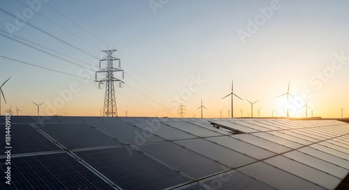 Sustainable energy landscape solar panels wind turbines and power lines at sunset
