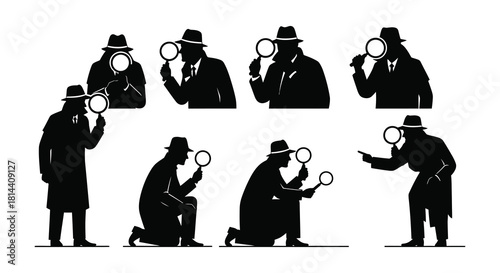 Silhouette figures with magnifying glasses investigating searching and exploring mysteries