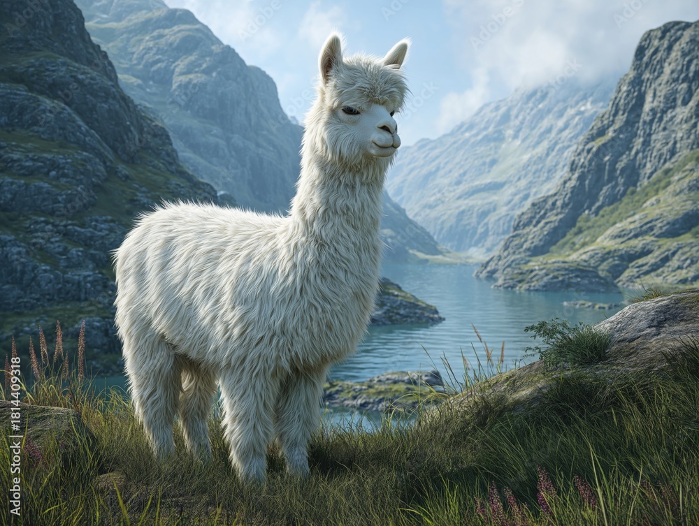 Fototapeta premium Majestic white alpaca standing proudly by a serene mountain lake, evoking feelings of peace and adventure, perfect for travel or nature-themed campaigns