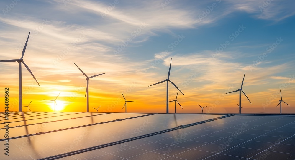 Fototapeta premium Wind turbines and solar panels at sunset sustainable energy future