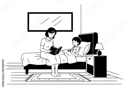 mother reading bedtime story to child in bedroom line art vector