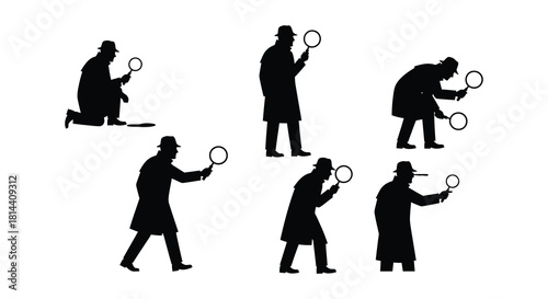 Silhouette figures with magnifying glasses investigating searching and exploring mysteries