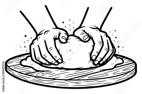 Hands kneading dough on wooden board baking line art vector illustration