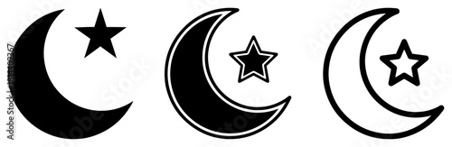 Crescent moon and star islamic symbols icon set line art vector illustration