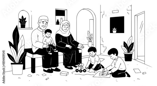 Happy Muslim family illustration with grandparents and children playing at home featuring traditional house architecture and hijab character in line art