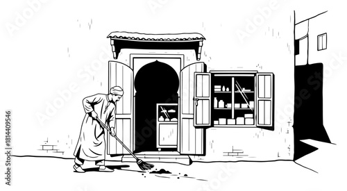 Man in traditional clothing sweeping street in front of old building Vector black and white sketch illustration