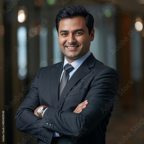 Confident Business Professional Poses With Arms Crossed in Modern Office Setting