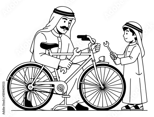 Arab father and son repairing bicycle vector illustration portraying family bonding and teamwork with tools in traditional clothing outline style