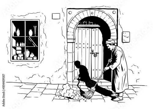 Man sweeping pavement in front of traditional house with pottery Vector black and white drawing