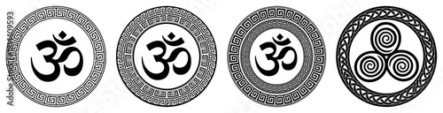Om Hindu Sacred Symbol Round Mandala Badge Vector Set