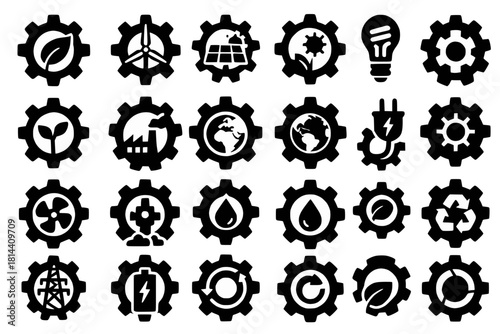 Gear Icons in Environmental and Sustainable Contexts with Green Energy Eco Machinery Low Emission Engines and Recycling Mechanisms in Bold Black Silhouettes on White Background