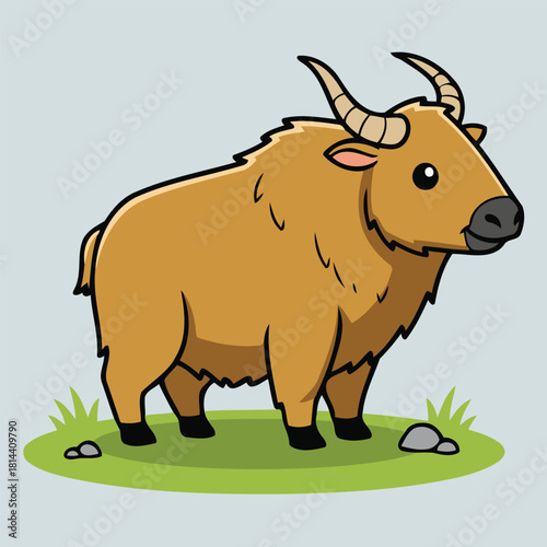 Cute Golden Takin (Budorcas Taxicolor) Standing On Grass, Himalayan Goat-Antelope Animal Character In Flat Design Style Vector Illustration