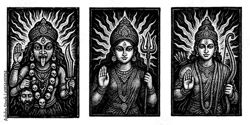 Traditional linocut portraits of Hindu deities including Goddess Kali and Durga vector illustration