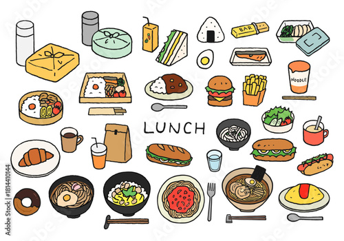 ランチ・昼食にまつわる手描きイラストセット