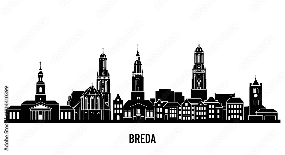 Obraz premium Stylized Breda City Skyline Black Vector Showing Downtown Architecture, Silhouetted Historic Buildings, Urban Landmarks, Minimalist Monochrome Silhouette, and Clean Netherlands Cityscape Illustration