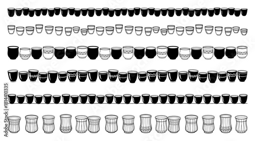 Set of hand drawn Indian tea glasses and clay cup borders vector illustration of traditional kitchenware and chai vessels arranged in decorative lines