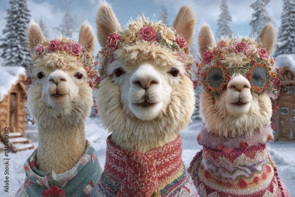 Obraz premium Festive Alpaca Trio in Winter Wonderland