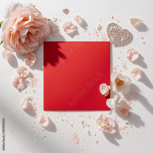 Romantic Flat Lay Design With Flower, Heart and Blank Card on White Background