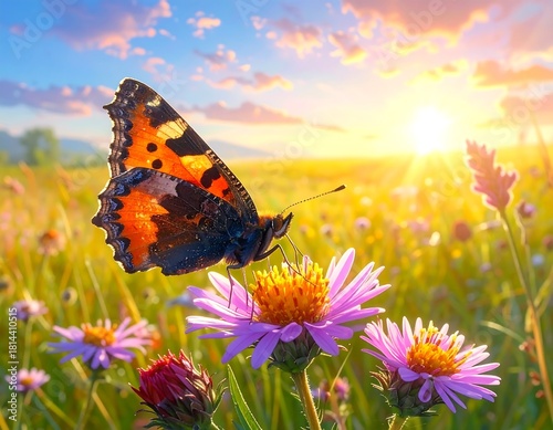 Butterfly Resting on a Flower in a Sunny Meadow During Golden Hour Landscape