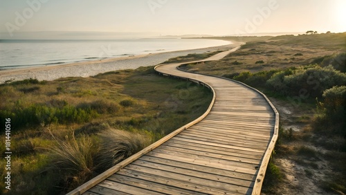 Landscape featuring winding wooden boardwalk