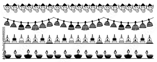 Decorative Indian religious borders vector illustration featuring Lord Ganesha heads temple domes hanging bells and diya lamps for festival page dividers