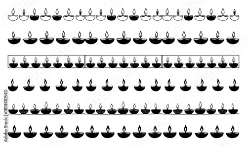 Set of hand drawn Diya oil lamp borders vector illustration for Diwali festival of lights featuring traditional clay candle rows in outline and silhouette styles