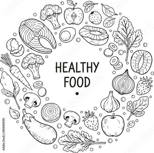 Promote healthy living with this vibrant illustration of fresh produce and proteins arranged in a stylish circular design for wellness campaigns