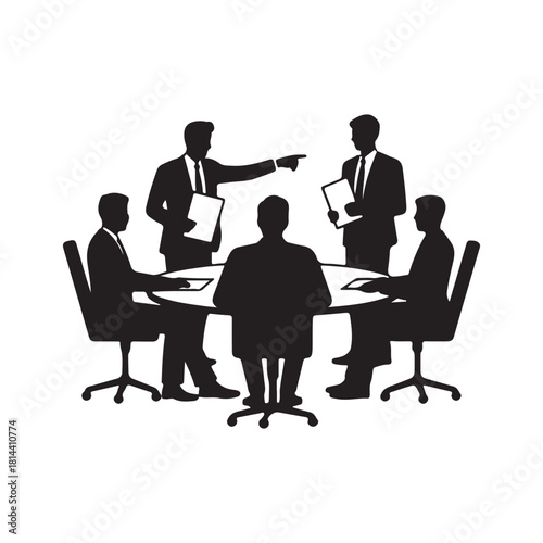 Business Leaders in Formal Meeting Discussing Reports and Strategies Around Conference Table in Silhouette Style