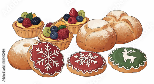 Illustration of assorted pastries including fruit tarts breads and decorated christmas cookies displayed