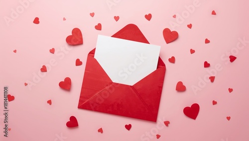 Red Envelope With Blank Card and Heart Decorations on Pink Background for Rom...