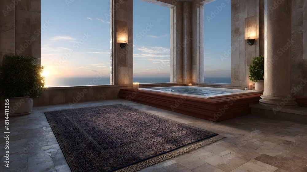 Fototapeta premium Elegant spa terrace with a luxurious jacuzzi and a breathtaking ocean sunset view featuring stone architecture and ambient lighting