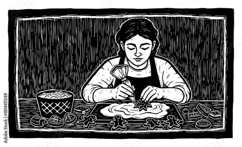 Woman decorating gingerbread cookies for Christmas in linocut style vector illustration