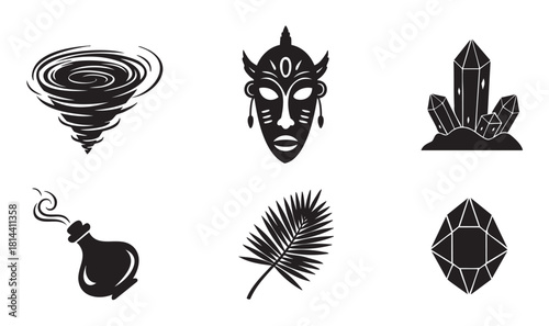 Diverse set of black silhouette icons representing magic, nature, and culture with a tornado, tribal mask, crystals, potion, palm frond, and a gemstone