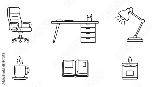 Set of minimalist black and white line art icons depicting a cozy home office or study space with a desk, chair, lamp, coffee, book, and candle