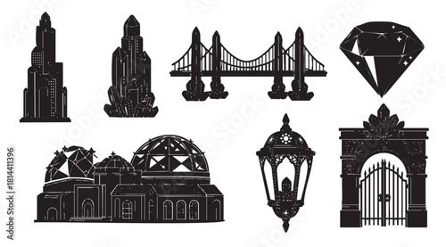 Collection of graphic black icons with a grunge texture, featuring fantasy buildings, a modern bridge, an ornate gate, a lantern, and a sparkling diamond