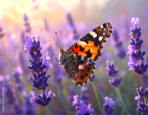 Captivating butterfly resting gracefully on fragrant lavender flowers in vibrant meadow