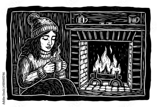 Woman drinking hot tea by fireplace Vector black and white woodcut illustration of cozy winter evening at home
