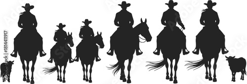 PrintA Group of Silhouetted Cowboys and Cowgirls on Horses Herding Cattle, Black and White Western Rodeo Ranch Scene Illustration