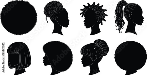 PrintAfrican American Women Hair Silhouettes Vector, Diverse Natural Hairstyles, Afro, Dreadlocks, and Ponytail Profiles for Beauty Graphics