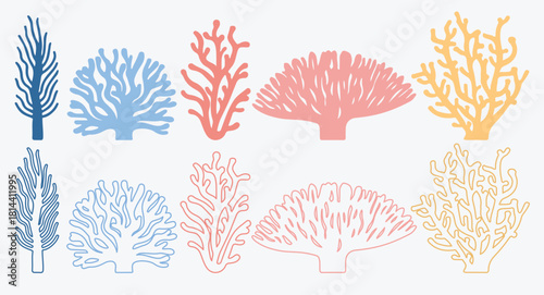 Coral set. Ten stylized coral silhouettes in trendy colors. Vector illustration isolated on a light gray background. Decor, design element.